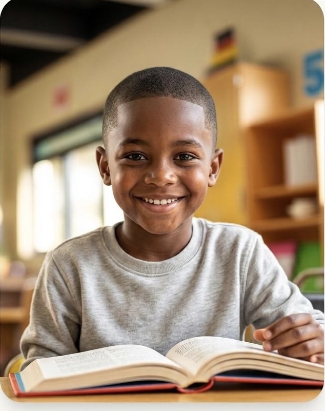 A smiling elementary student reading an open book during Morning Gathering
